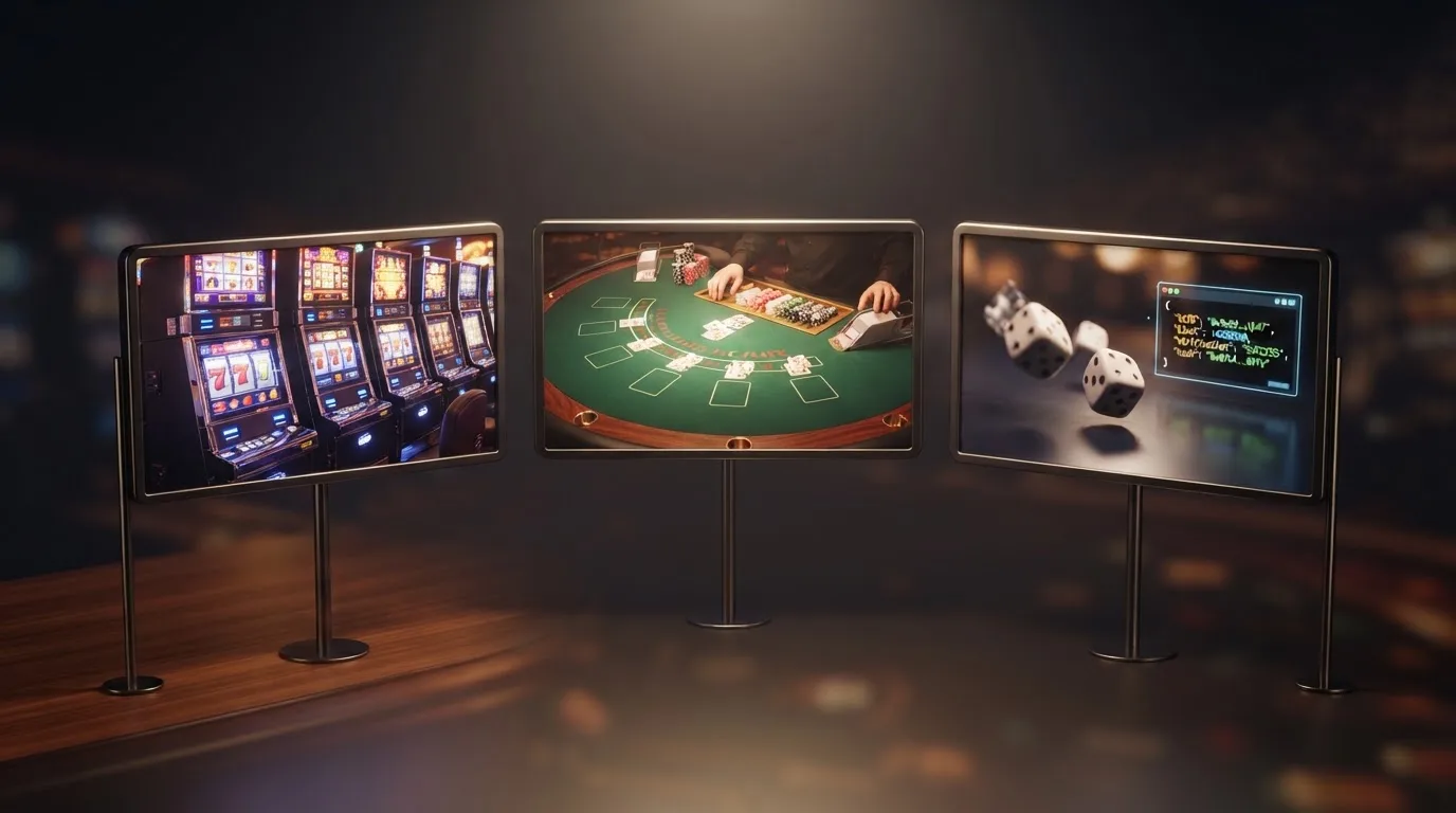 Een digitale speelvloer met drie zwevende panels: een rij slots aan de linkerkant, een live-dealertafel in het midden, en een provably fair dice-spel met blockchain-verificatiecode aan de rechterkant.