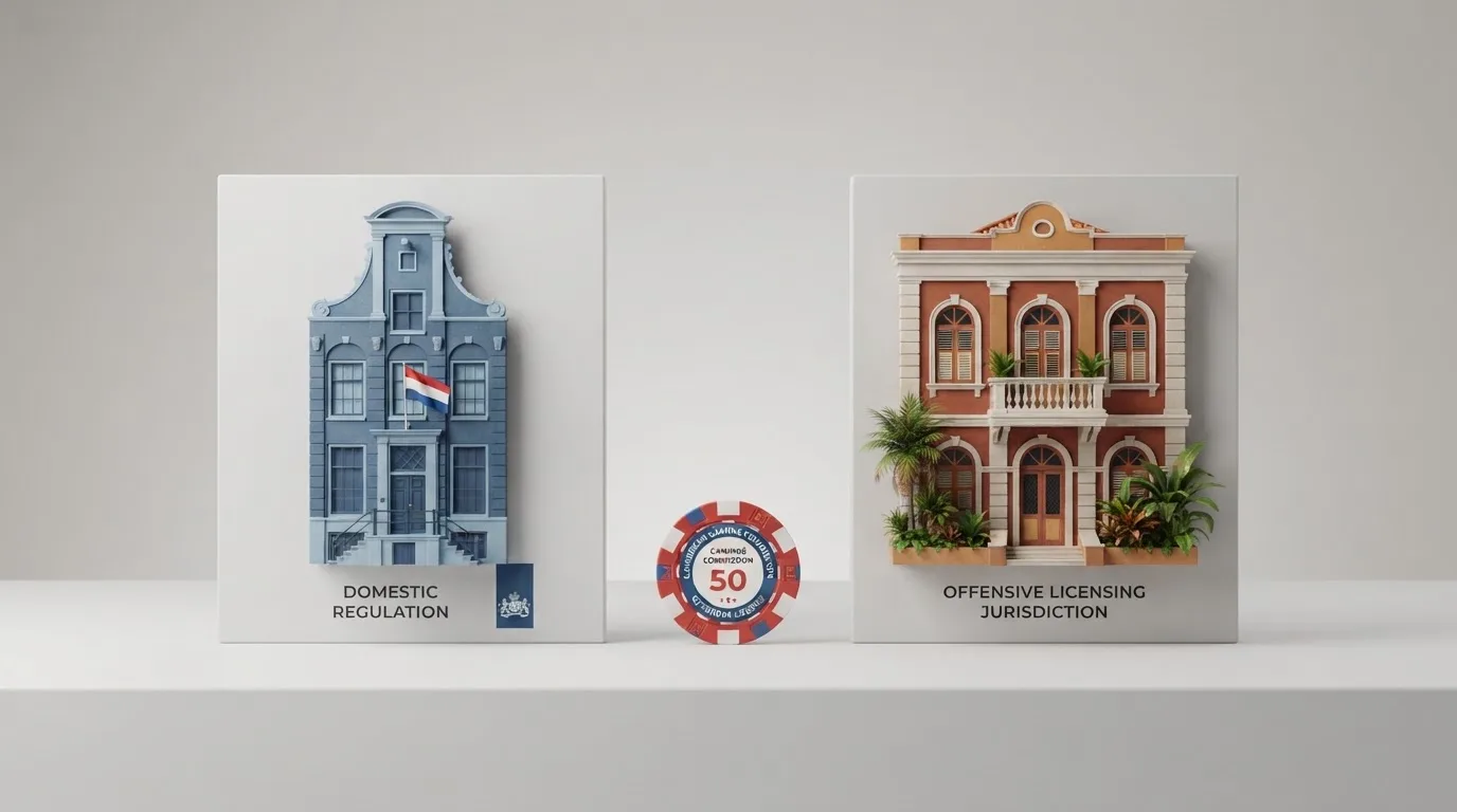 Een splitscreen: links het blauwe logo van de Kansspelautoriteit op een Nederlands paspoort, rechts een stapel Curaçaose en Anjouan-vergunningsdocumenten met een Bitcoin Cash-munt ertussen.