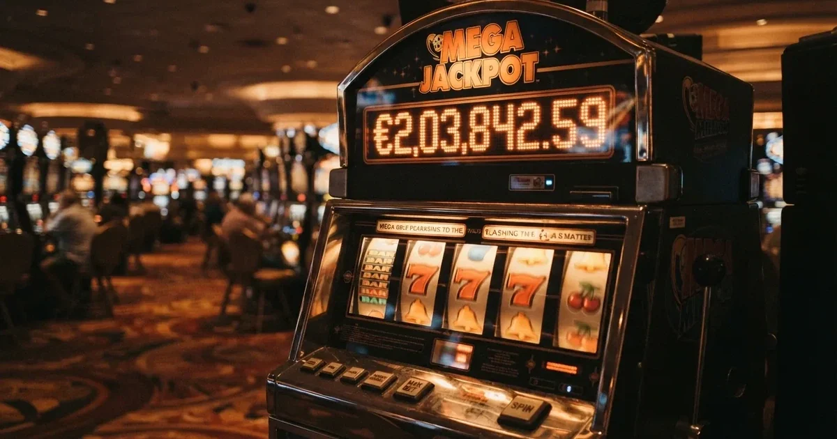 Progressieve jackpot-gokkasten op een scherm met een stijgende teller, felle kleuren en jackpotwiel