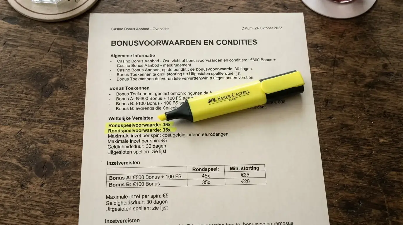 Een close-up van een casino bonusvoorwaardenpagina met een markeerstift op de rondspeelvoorwaarde