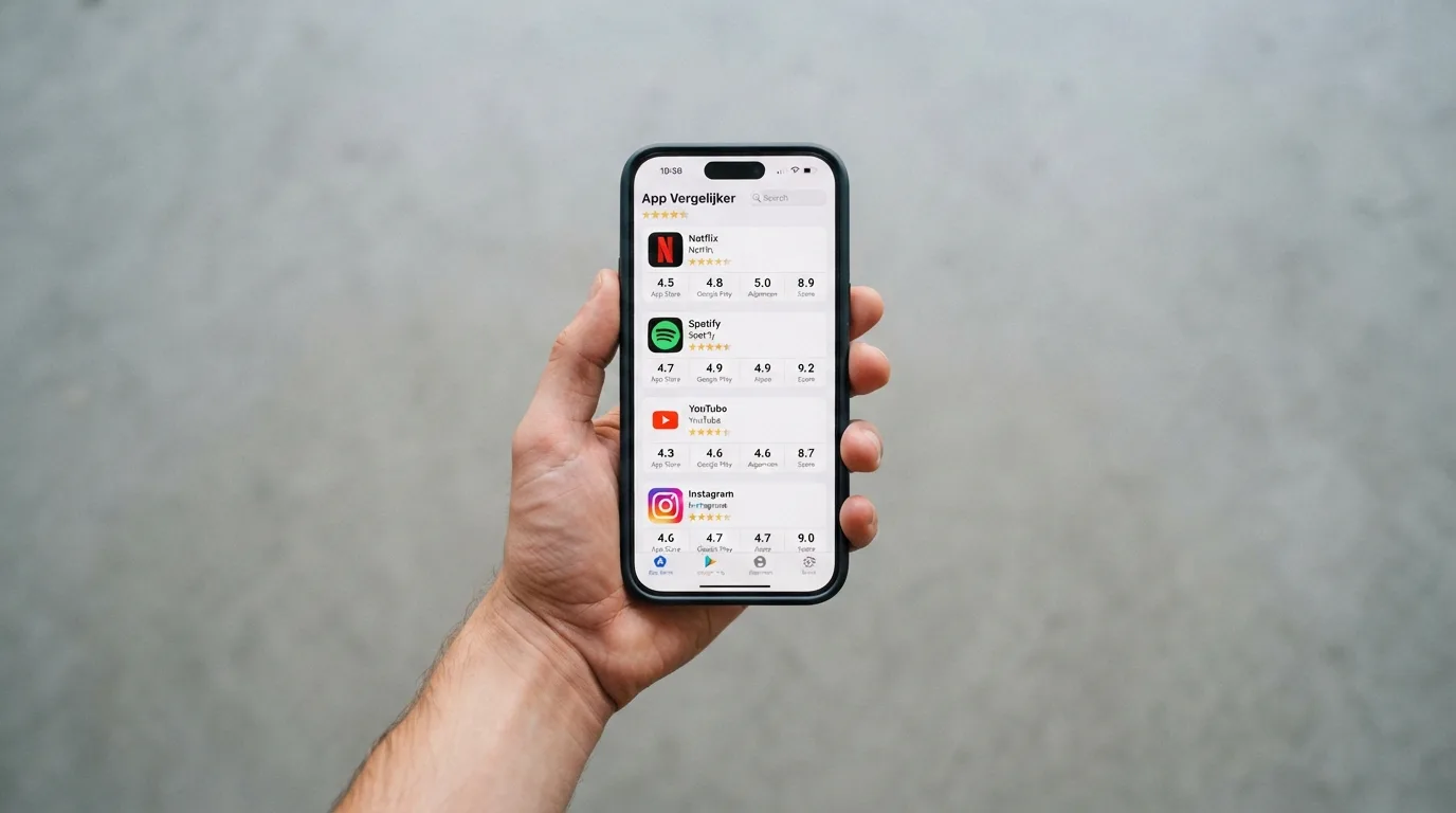 Vergelijkingstabel van tien casino-apps met scores en installs op een telefoonscherm