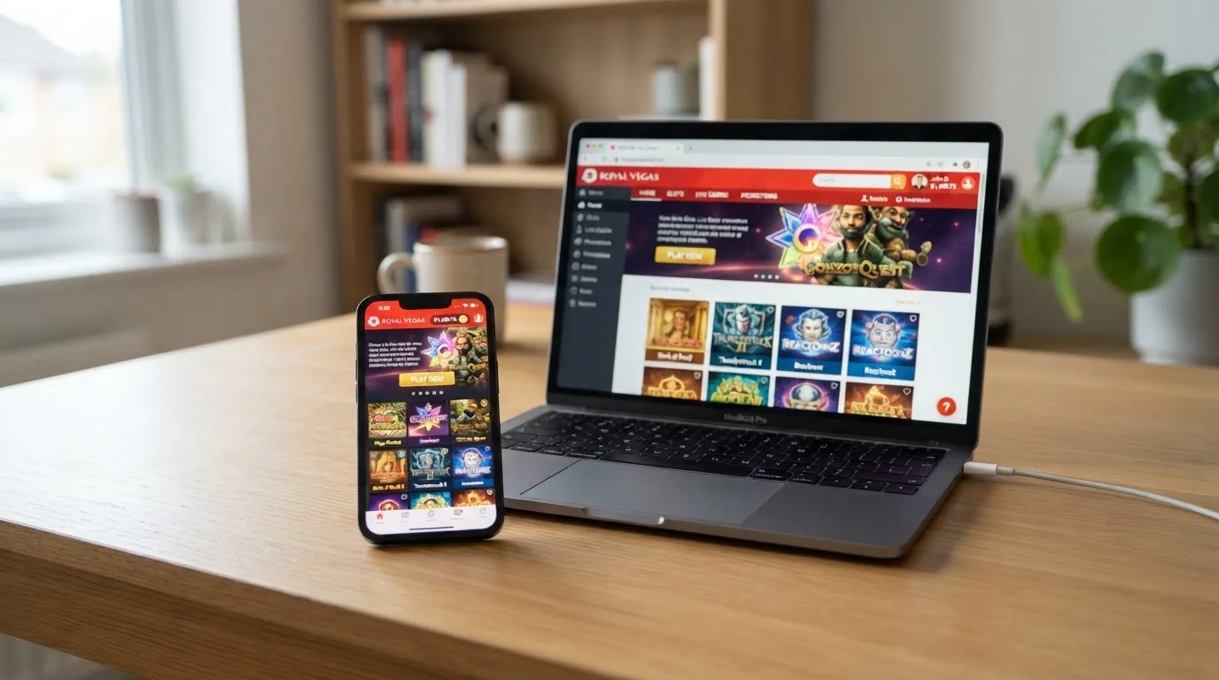 Een smartphone ligt naast een open laptop; op het telefoonscherm staat een casino-app met een slots-lobby, op de laptop een browser met dezelfde casino-site — het contrast tussen de twee ervaringen is zichtbaar in de interface.