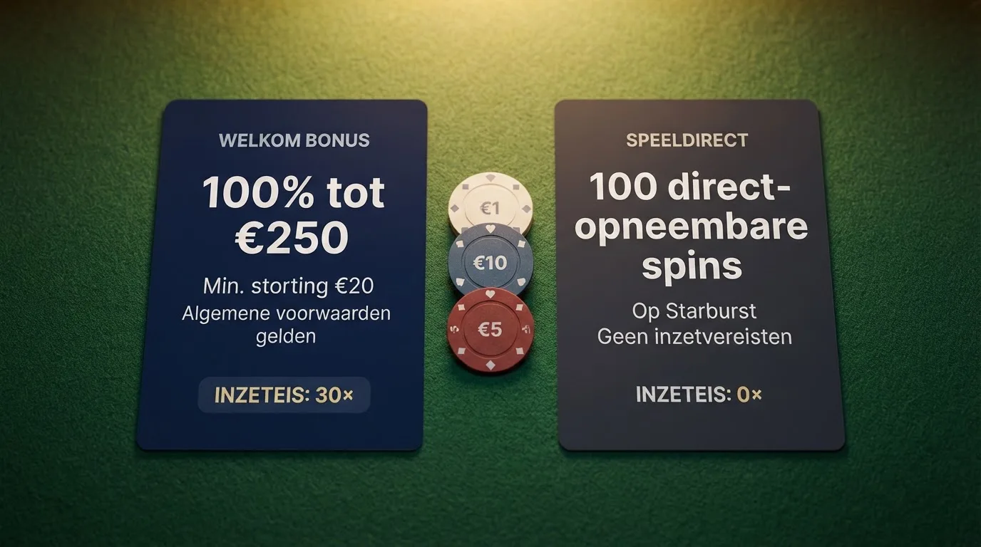 Twee gokkast-casino-aanbiedingen naast elkaar met bonus, rondspeelvoorwaarde en vergunning