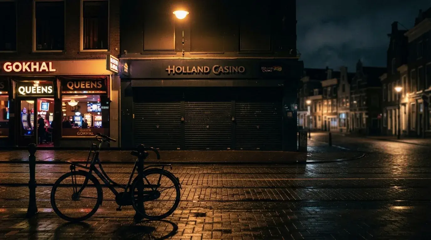 Een lege Nederlandse winkelstraat met een donkere casino-vestiging waarvan de rolluiken gesloten zijn