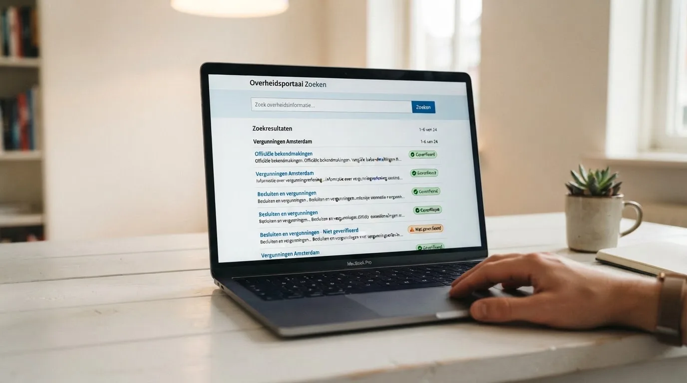 Een computerscherm toont een zoekveld met een vergunningnummer en de woorden van een overheidsregister