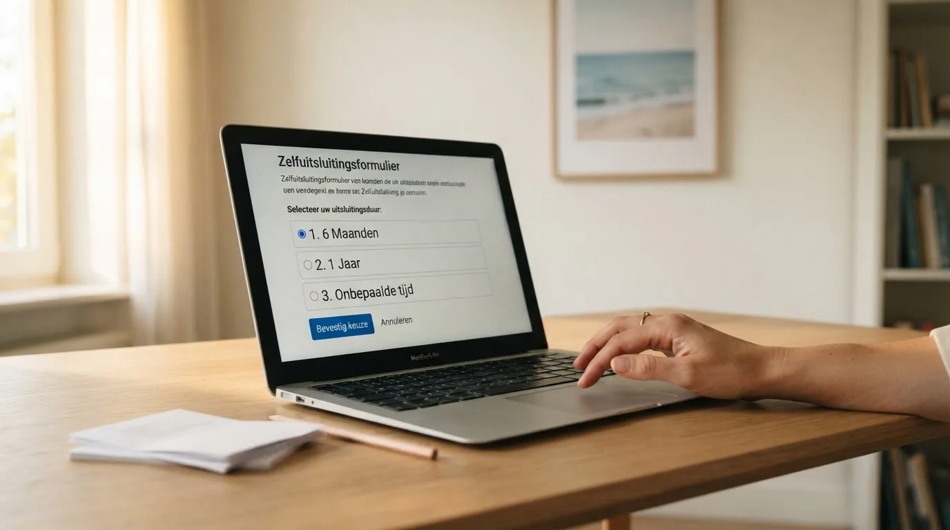 Een laptop met het Cruks-registratiescherm in beeld, de opties voor vrijwillige uitsluiting en de duurkeuze zijn duidelijk zichtbaar
