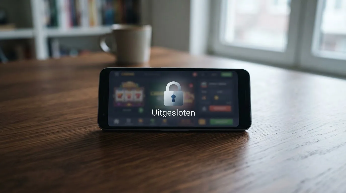 Een schermopbouw die het Cruks-register symboliseert: een digitaal slot op een casino-interface, met de tekst “Uitgesloten” in het Nederlands.