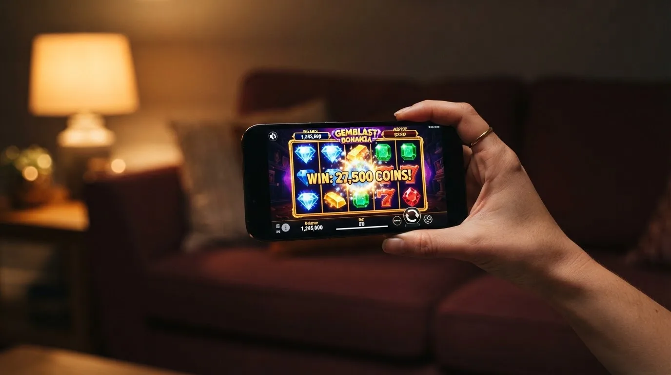 Close-up van een smartphone in de hand, horizontaal gehouden, met op het scherm een kleurrijke videoslot — de rollen zijn halverwege een spin, de achtergrond is een woonkamerbank bij avondlicht.