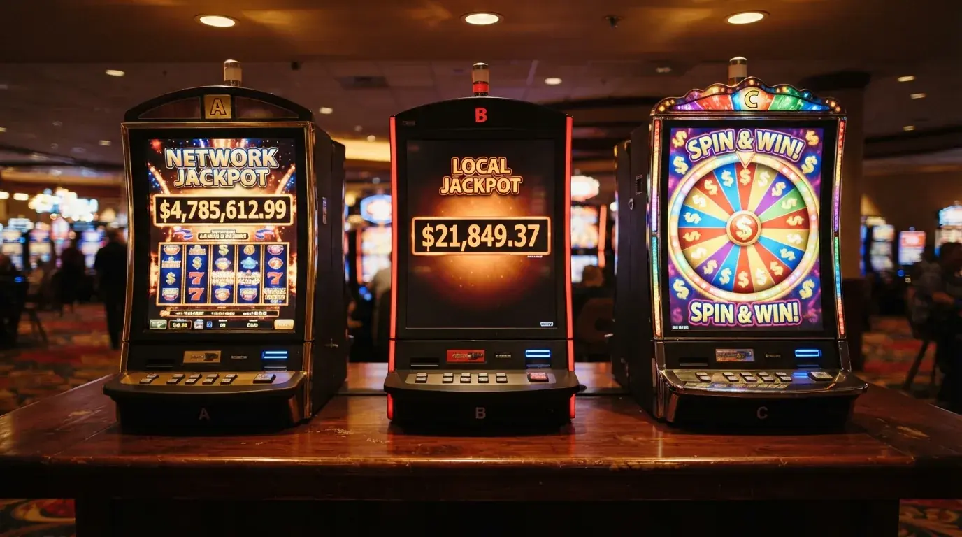 Drie jackpot-gokkasten naast elkaar: een netwerkjackpot, een lokale jackpot en een live jackpotwiel