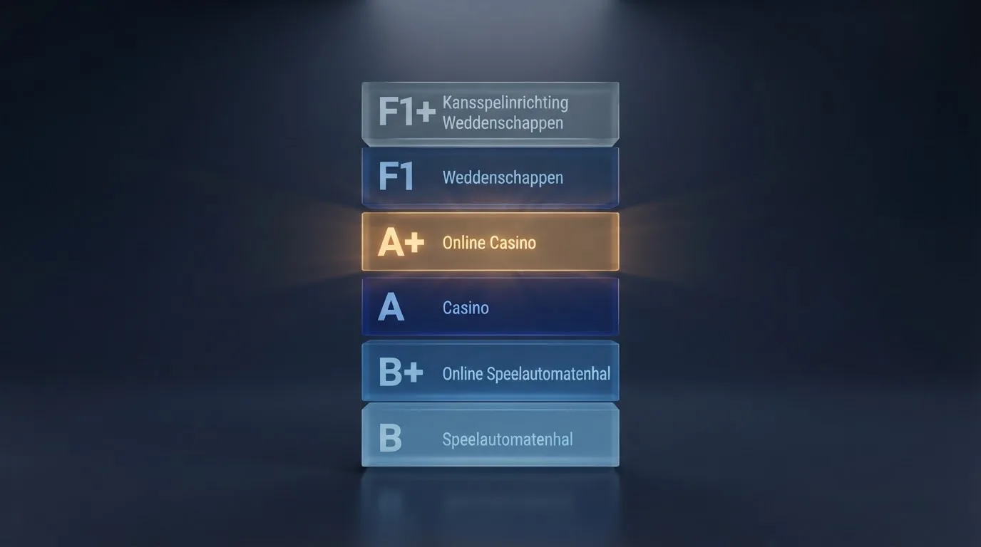 Een schematische weergave van het Belgische vergunningstelsel met de categorieën A, A+, B, B+, F1 en F1+ en hun onderlinge relaties