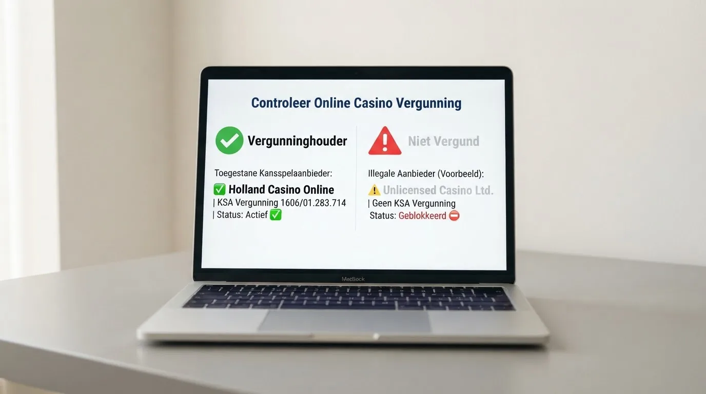 Het Ksa-keurmerk op een casinoscherm, met een vinkje bij vergunninghouder en een waarschuwing bij illegale aanbieder
