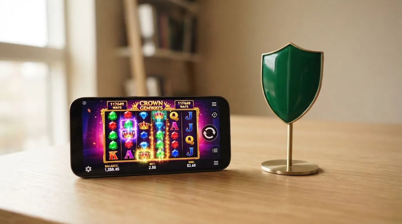 Een smartphone toont een Megaways-gokkast op het scherm, met daarnaast het Ksa-logo en de tekst “Vergunninghouder Kansspelen op Afstand”