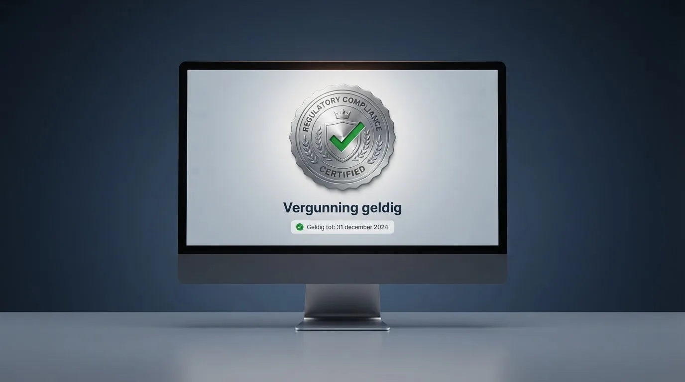 Het logo van de Kansspelautoriteit op een beeldscherm met een geopend vergunningenregister op de achtergrond