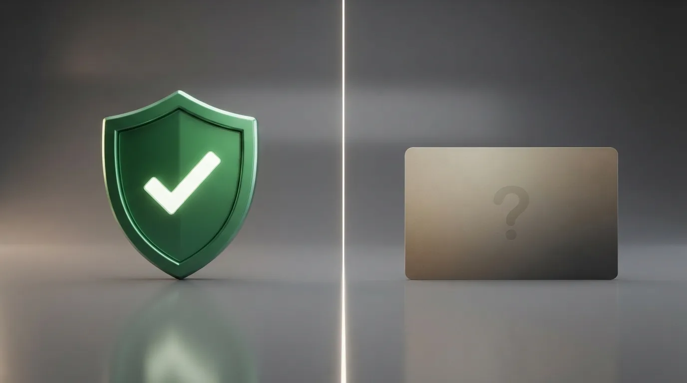 Een splitscreen: links het Ksa-logo op een groene achtergrond met een vinkje, rechts een Neosurf-logo op een contrasterende achtergrond met een vraagteken.