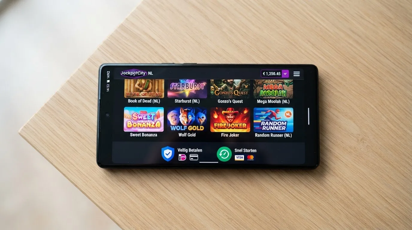 Een smartphone met de lobby van een legaal online casino en de betaalopties iDEAL en Trustly