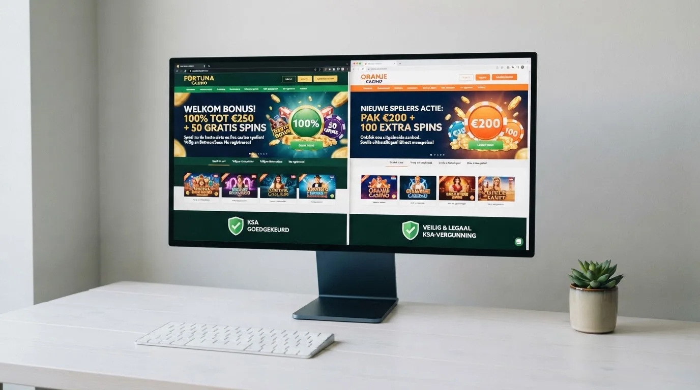 Twee Nederlandse casino-startpagina's getoond op een desktopscherm, elk met hun bonusaanbod in beeld en het Ksa-keurmerk zichtbaar in de footer naast het CRUKS-logo.