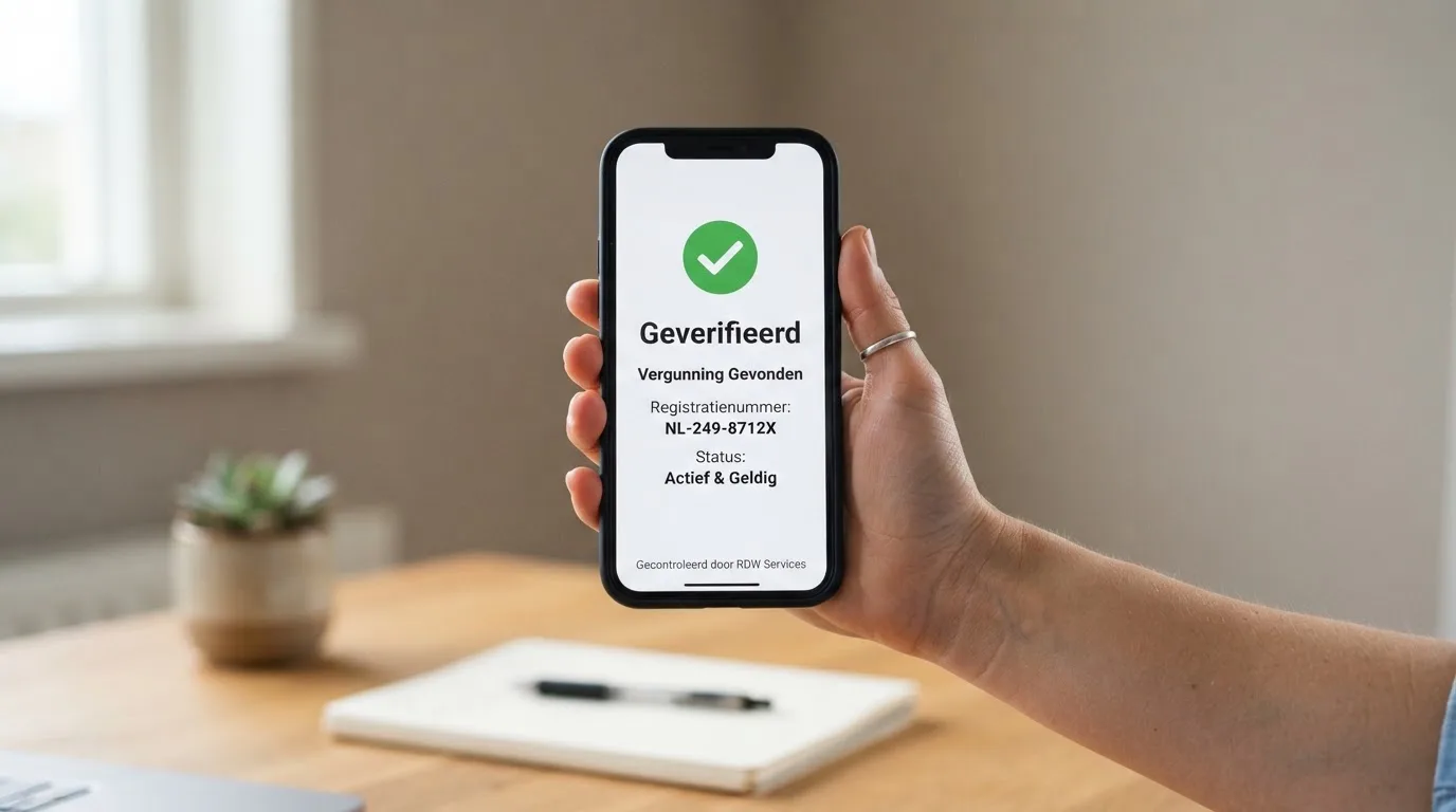 Hand die op een telefoon de vergunningstatus van een casino-app controleert in het Ksa-register