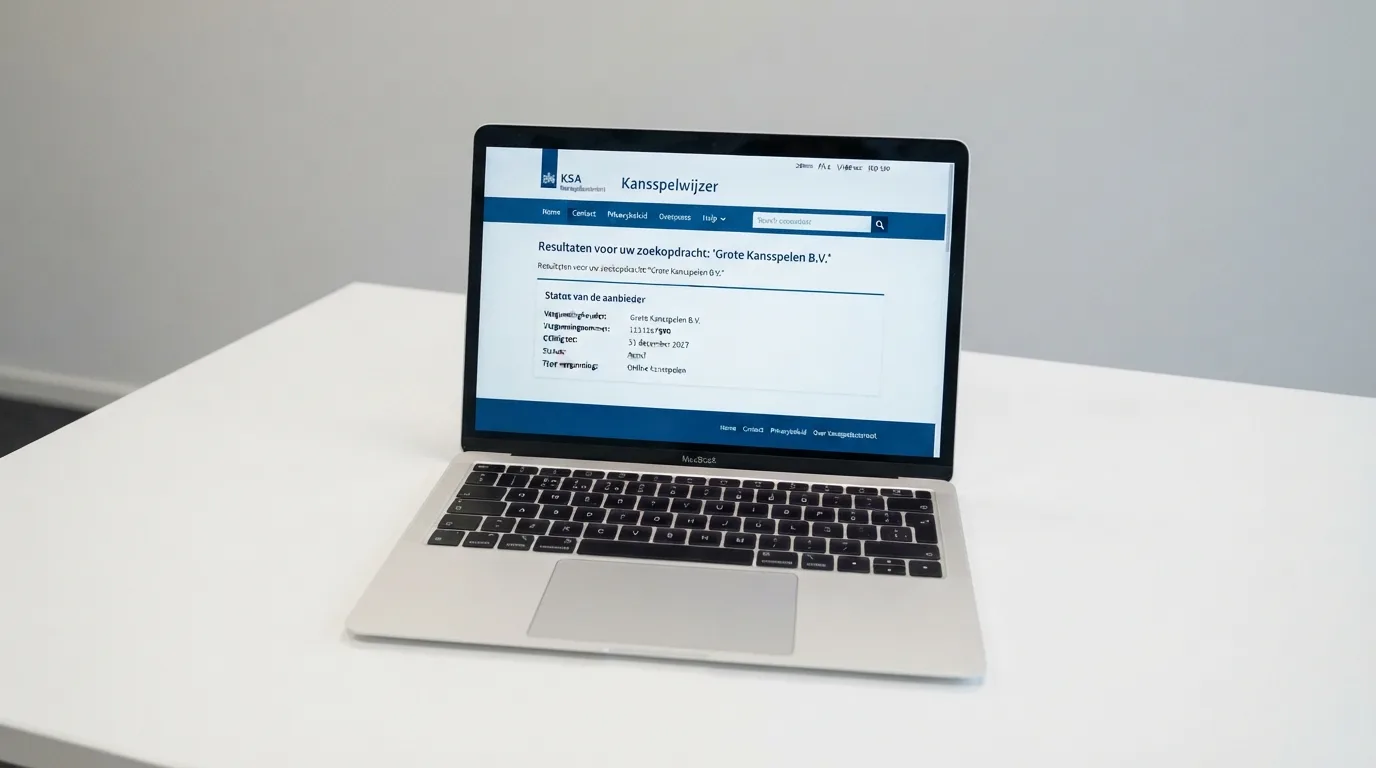 Het Ksa Kansspelwijzer-scherm op een laptop, met een ingevulde zoekopdracht en zichtbaar het resultaat “Vergunninghouder” naast een casino-naam