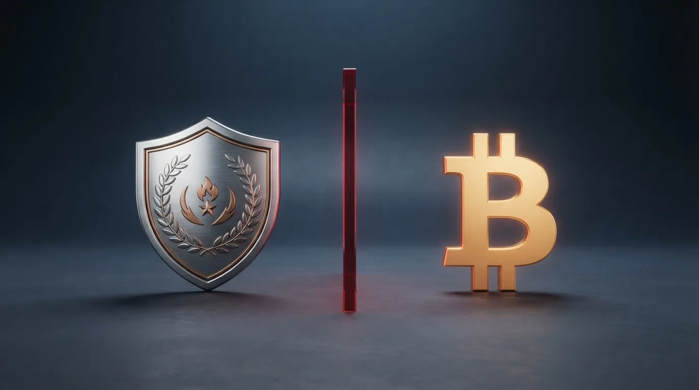 Het logo van de Kansspelautoriteit naast een bitcoin-symbool, gescheiden door een rood verbodsteken