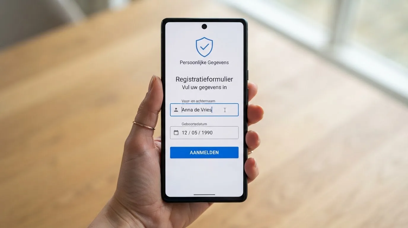 Een telefoon met een registratiescherm van een online casino dat om identificatie vraagt