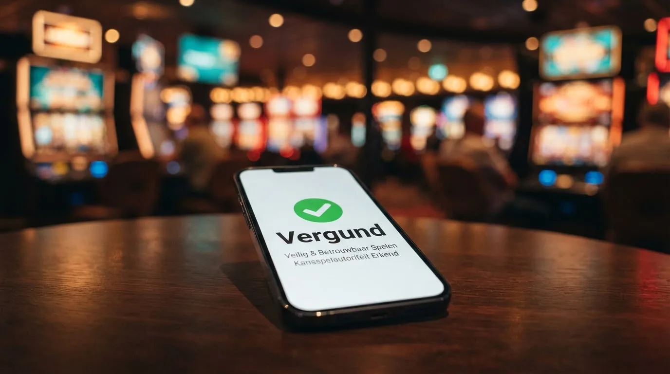 Een KSA-vergunningdocument met het keurmerk van de Kansspelautoriteit naast een jackpot-gokkast