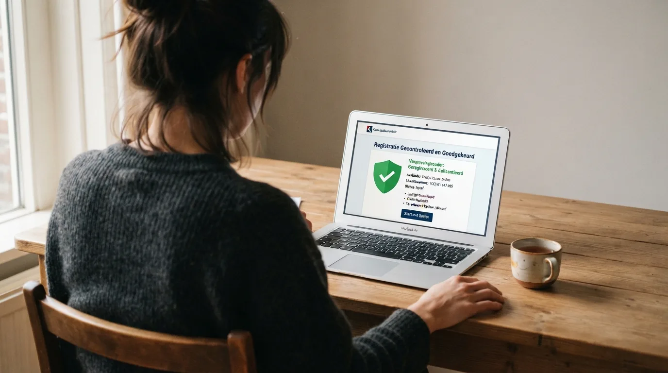 Een papieren document met een stempel en een schild met vinkje naast een laptop