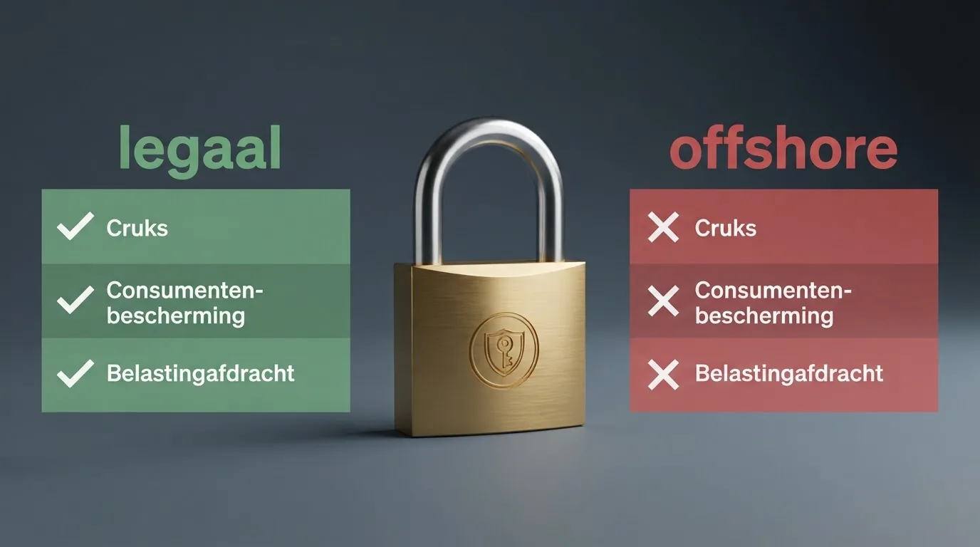 Een slot met daarop het KSA-keurmerk, geplaatst tussen twee kolommen: links “legaal” met vinkjes voor Cruks en consumentenbescherming, rechts “offshore” met kruisjes
