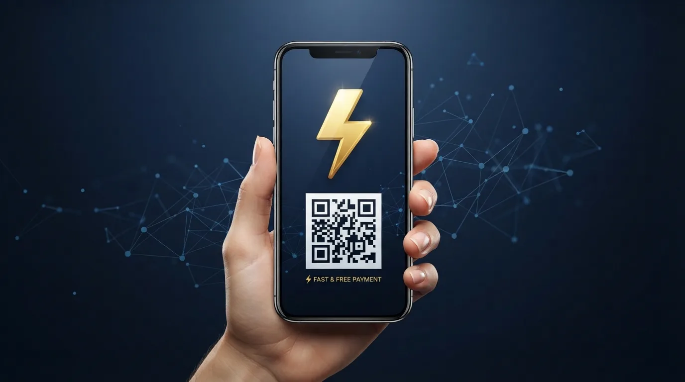 Een smartphone-wallet met een QR-code en een bliksemsymbool op het scherm
