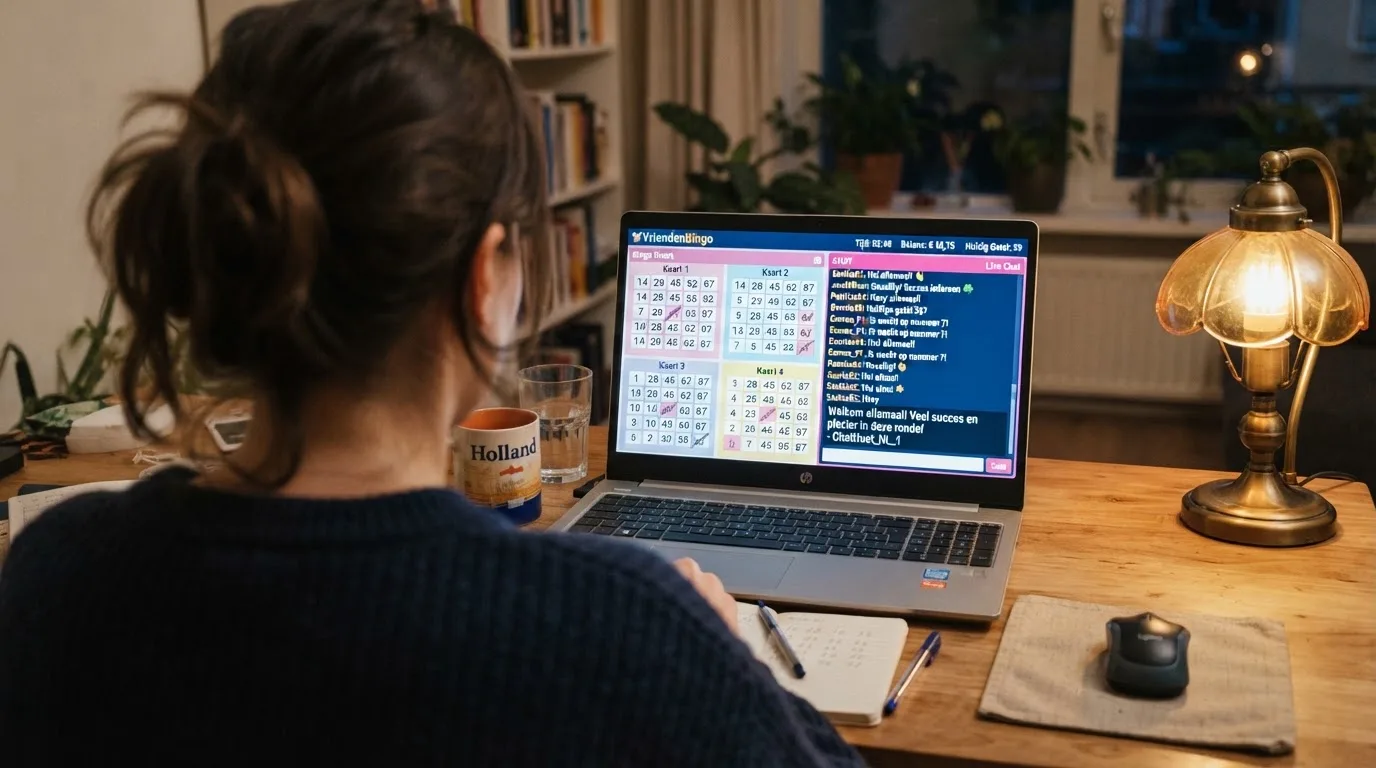 Een Nederlandstalige chathost in een online bingokamer begroet spelers bij naam in het chatvenster, met bingokaarten zichtbaar op de achtergrond
