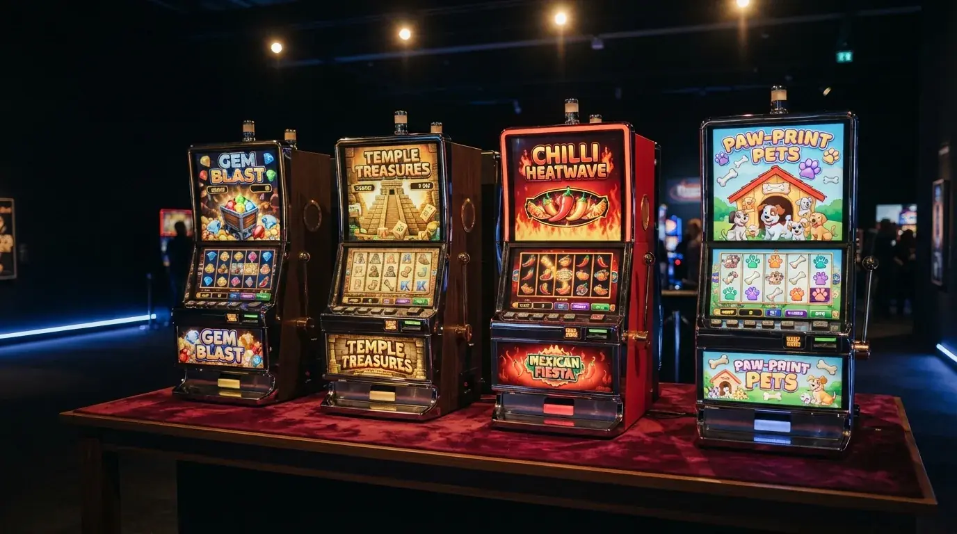 Vier Megaways-gokkasten naast elkaar op een rijtje: Bonanza, Gonzo's Quest Megaways, Extra Chilli en The Dog House Megaways, elk met een andere themawereld