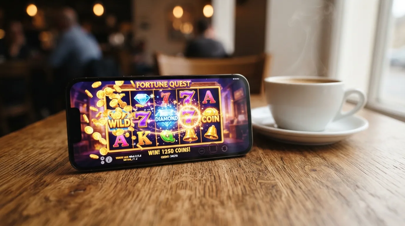 Een iPhone in liggende stand toont het scherm van een kleurrijke gokkast, met naast het toestel een kop koffie op een tafel