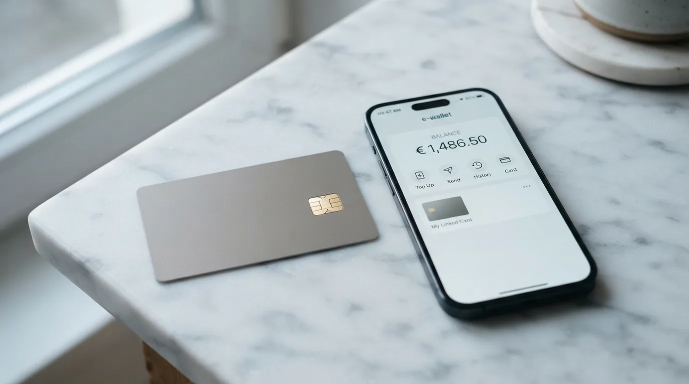 Een MuchBetter Mastercard-betaalpas naast een smartphone met de MuchBetter-app