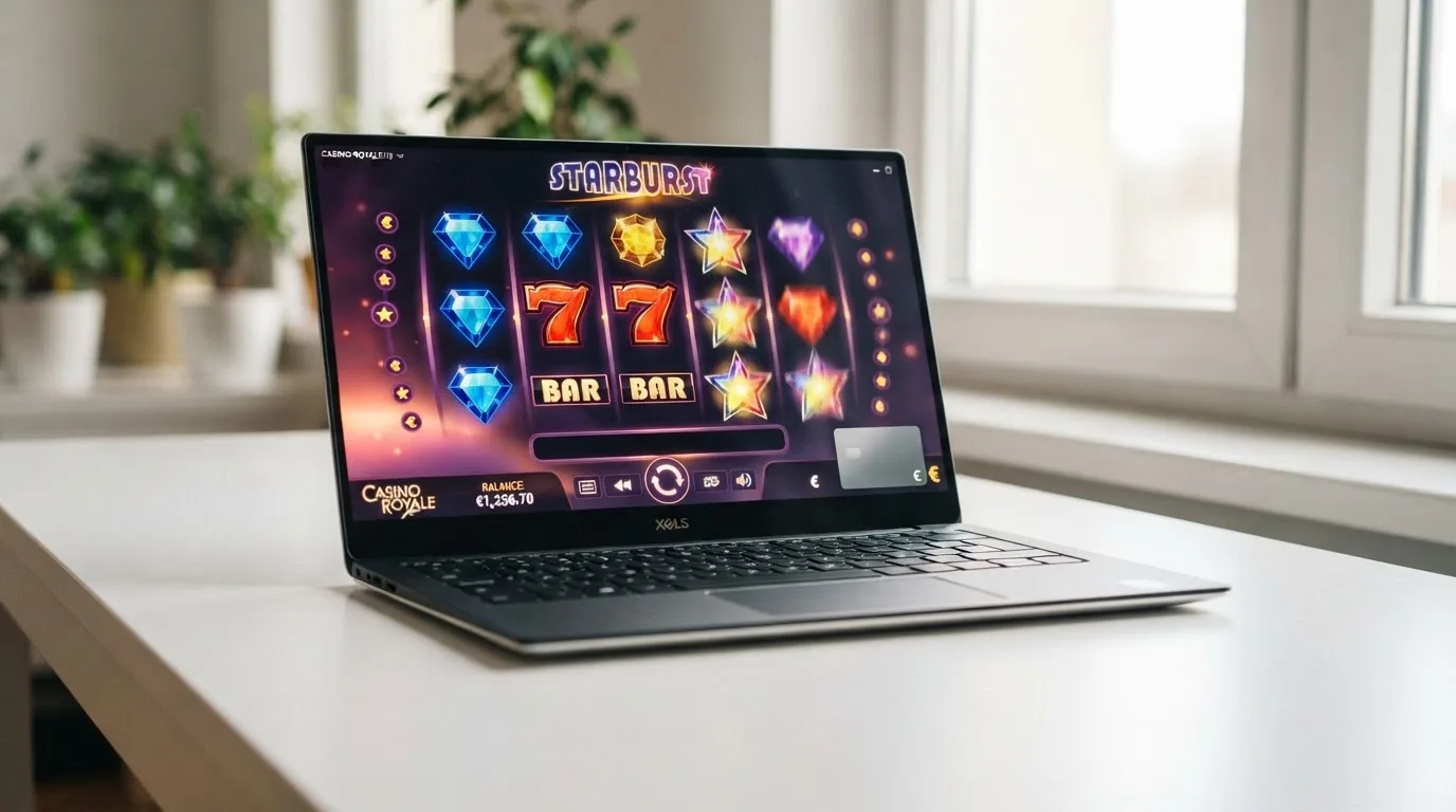 Een kleurrijk slotspel op een laptopscreen, met het Neosurf-betaallogo zichtbaar in de kassa-hoek van de interface.