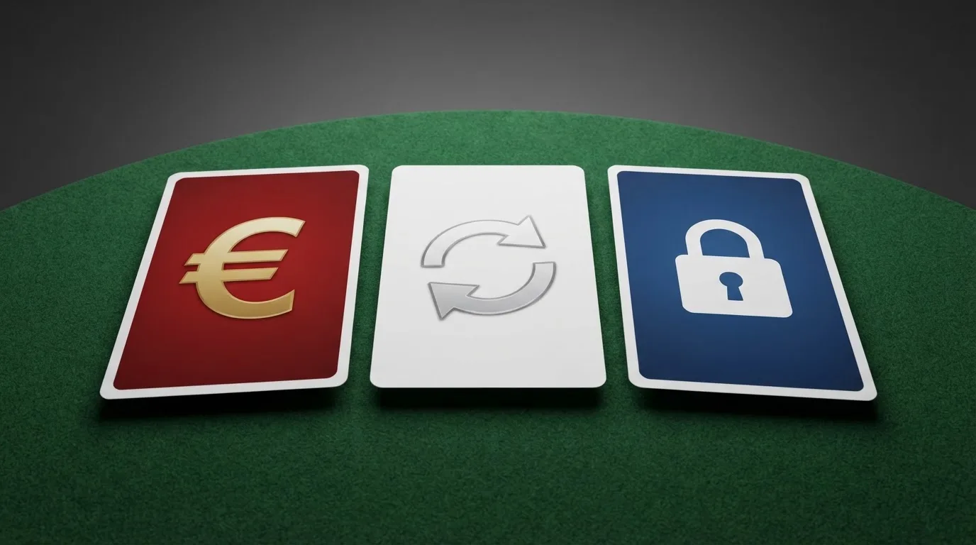 Drie speelkaarten in de kleuren van de Nederlandse vlag liggen naast elkaar, elk met een ander symbool: een €-teken, een spinsymbool en een slotpictogram