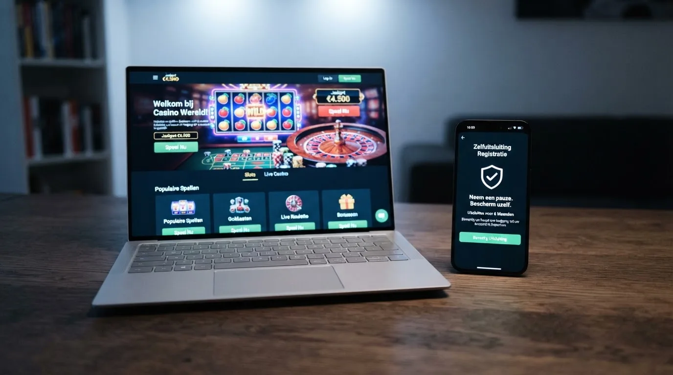 Laptop met een offshore casino-website, ernaast een smartphone met het Cruks-zelfuitsluitingsscherm