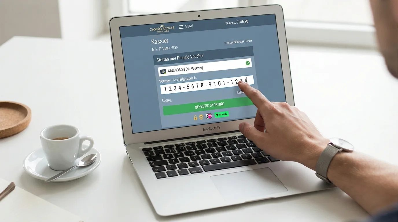 Een stapsgewijze weergave van het stortingsscherm van een online casino waarbij paysafecard als betaalmethode is geselecteerd en een 16-cijferige code wordt ingevoerd.