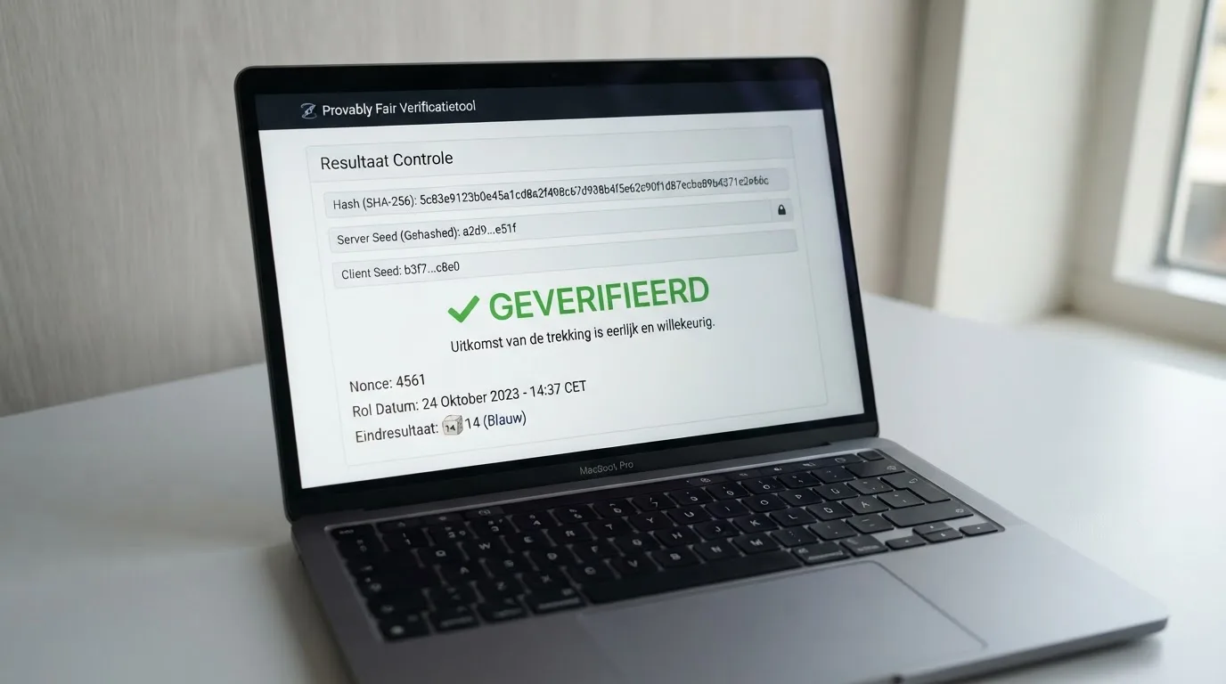 Een scherm met een provably-fair-verificatietool die een hash, een server seed en een client seed toont, met een groen vinkje bij 'geverifieerd'
