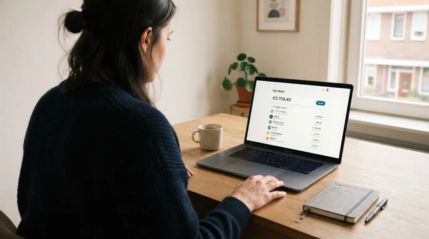 Een Skrill wallet-interface op een laptopscherm met het transactieoverzicht zichtbaar