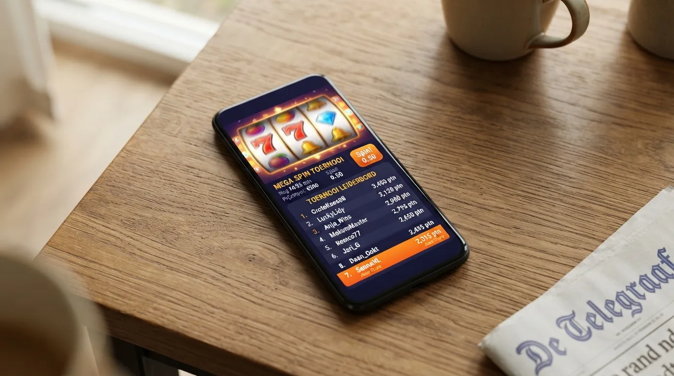 Een speler bekijkt een slots-toernooi op een smartphone, met een leaderboard en draaiende gokkasten in beeld