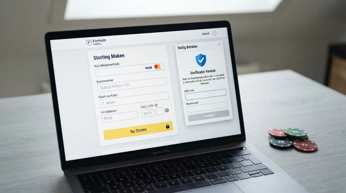 Een close-up van een laptopscherm met het Mastercard-invoerformulier van een online casino, met de velden voor kaartnummer, vervaldatum en CVC zichtbaar en een 3D Secure-pop-up ernaast