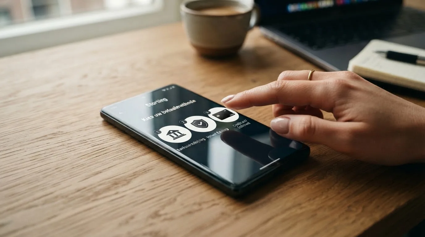 Een smartphone toont bij een casino-storting de keuze tussen iDEAL, Trustly en een creditcard