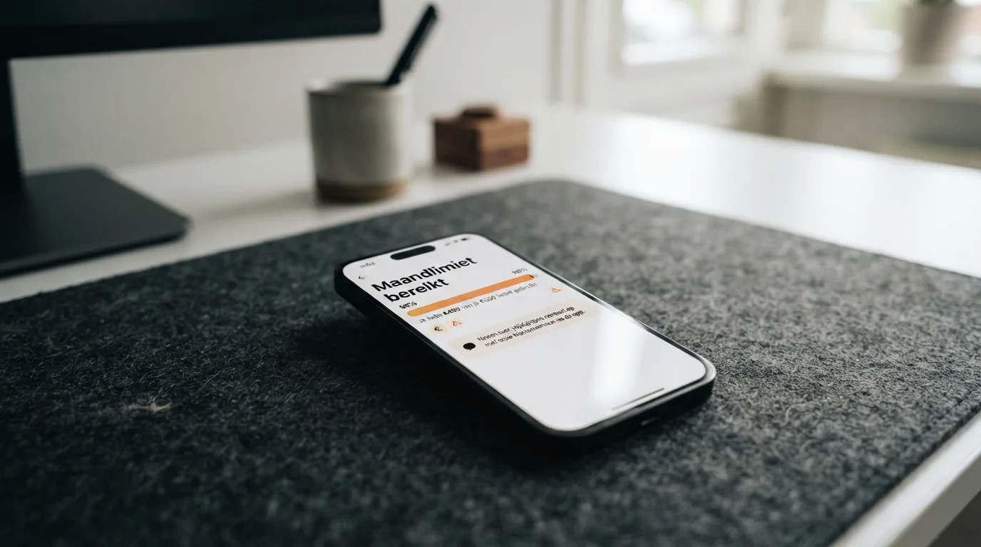Een betaalomgeving toont een maandelijkse limiet en een melding over een verplicht contactmoment