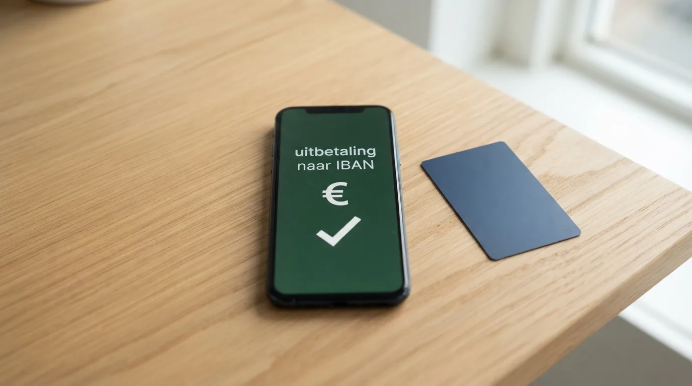 Een smartphone met een casino-uitbetalingsscherm, met de tekst “uitbetaling naar IBAN” en een creditcard die ernaast op tafel ligt, niet in het scherm