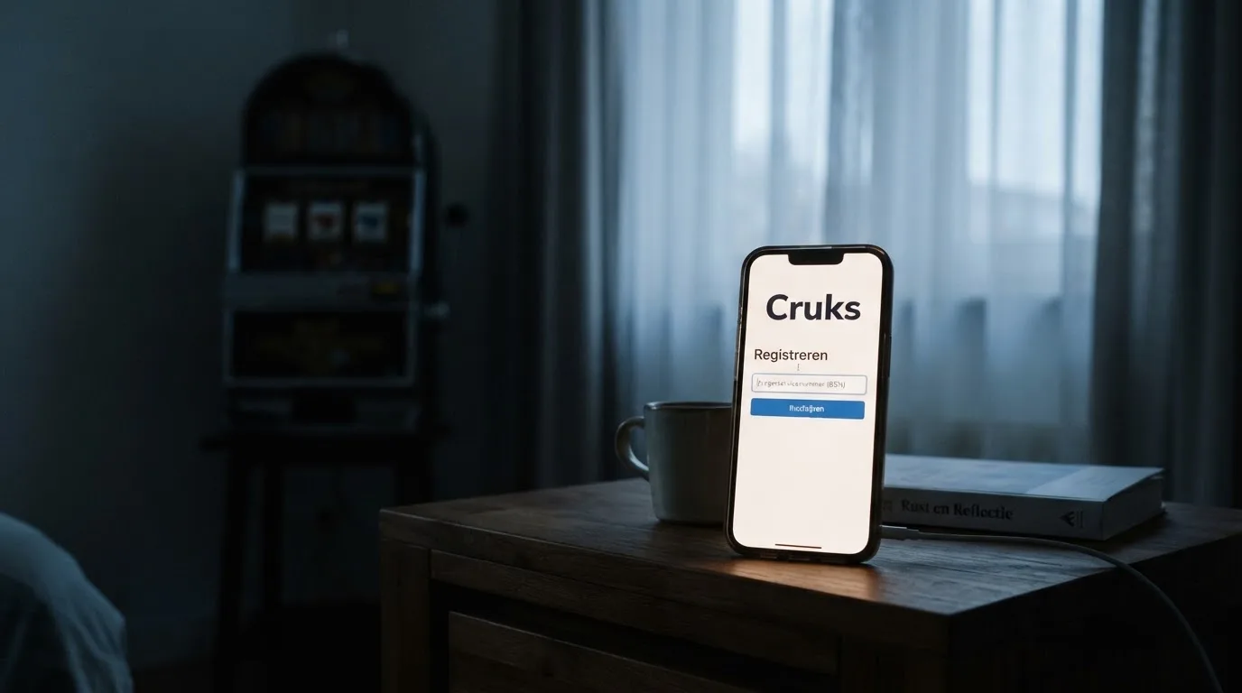 Een telefoon, een Cruks-scherm en een gokkast op de achtergrond — anoniem en sober