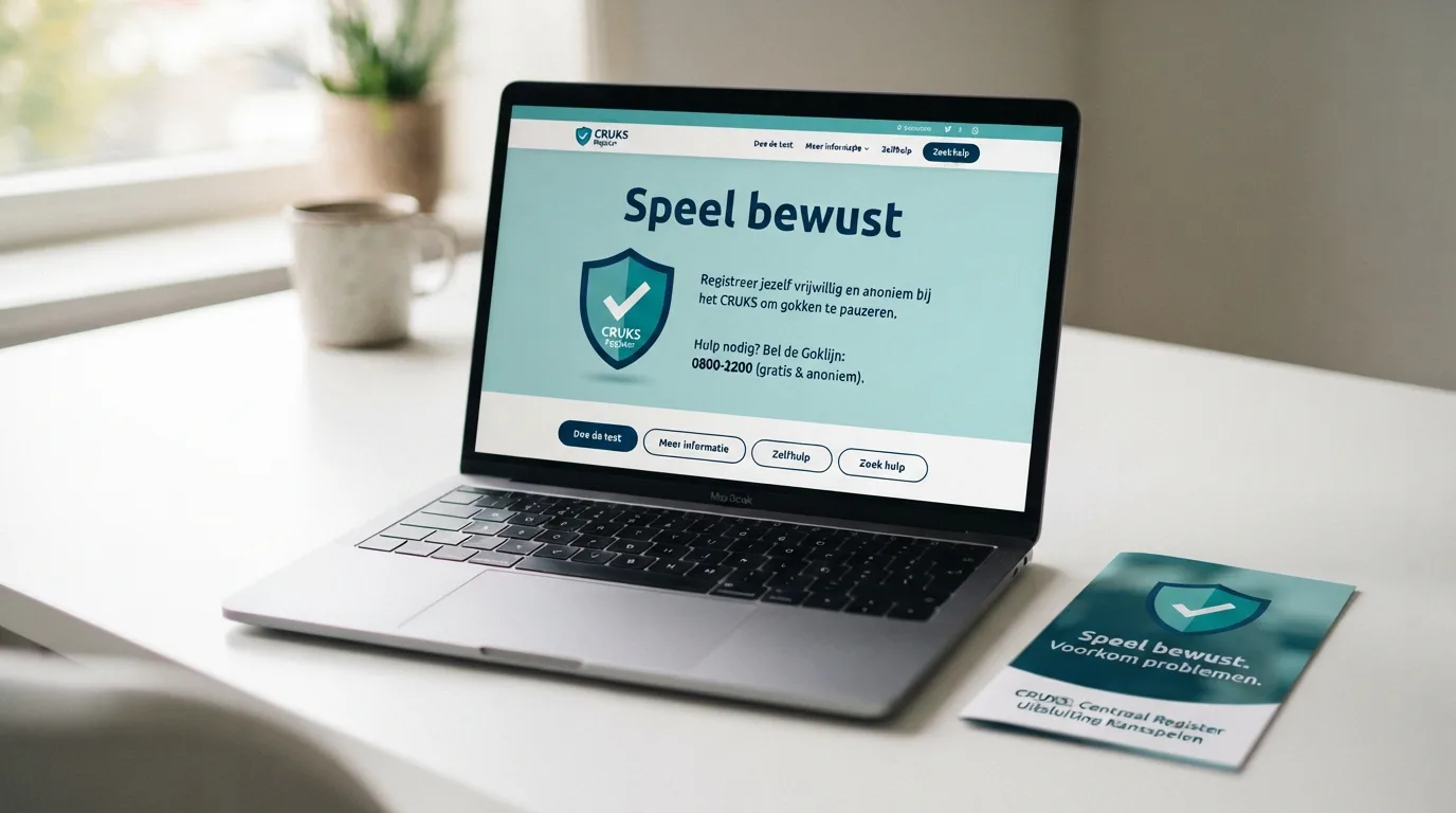 Een scherm met de tekst 'Speel bewust' naast de logo's van Cruks en OpenOverGokken op een rustige, vertrouwenwekkende achtergrond.