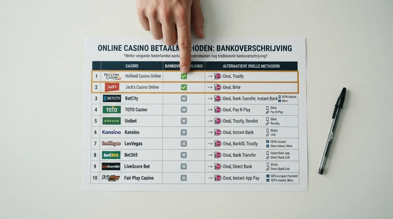 Vergelijkingstabel van tien vergunde casino's met hun stortmethoden